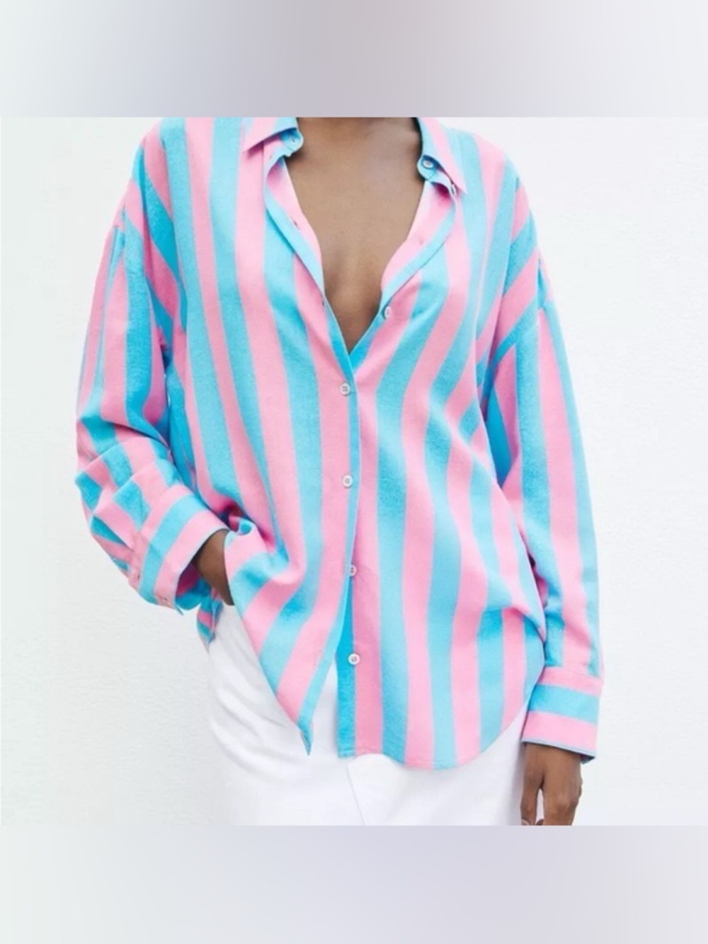 Zara Relaxed Button-Down Stripe Shirt - Pink & Blue, Size XS